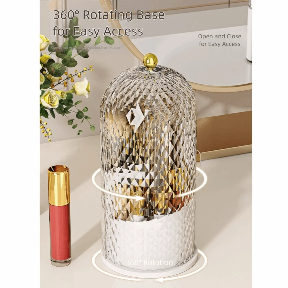 rangement rotatif transparent cosmétiques compartiments texturés surface losanges élégant décorationreuse compartments réutilisable doré poignée