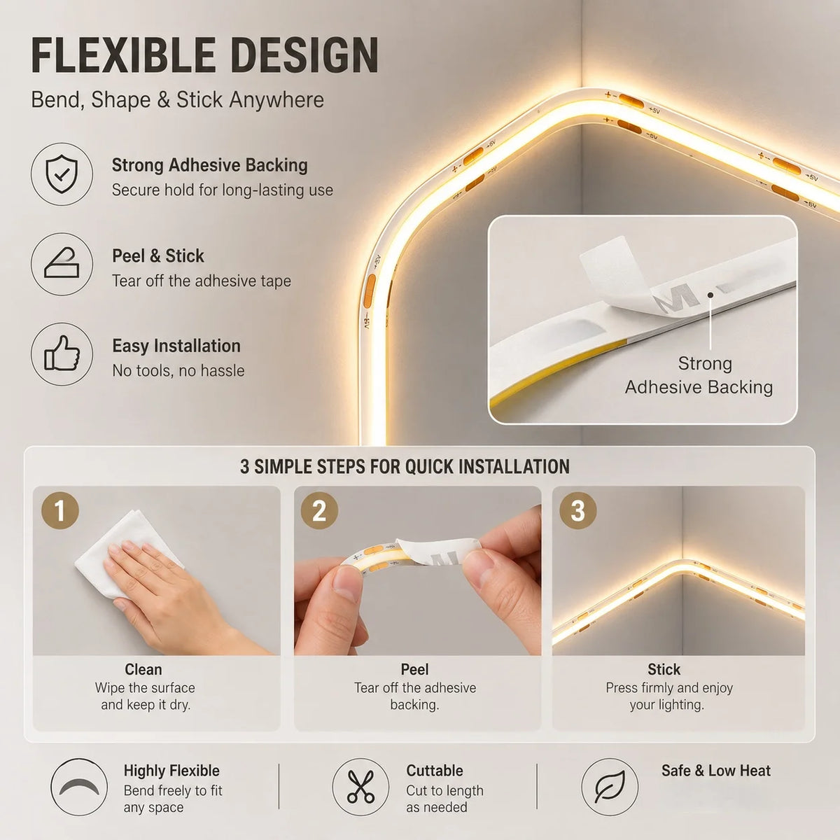 ruban led cob blanc flexible adhésif moderne minimaliste éclairage chambre salon télévision