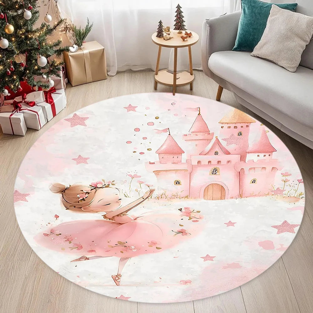 tapis rond moderne princesses arc ciel fleurs chambre enfants salon rose blanc