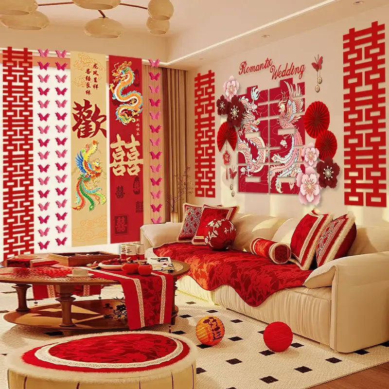 décoration mariage romantique dragon chinois fleurs cerisier papillons symboles traditionnels rouge rose blanc