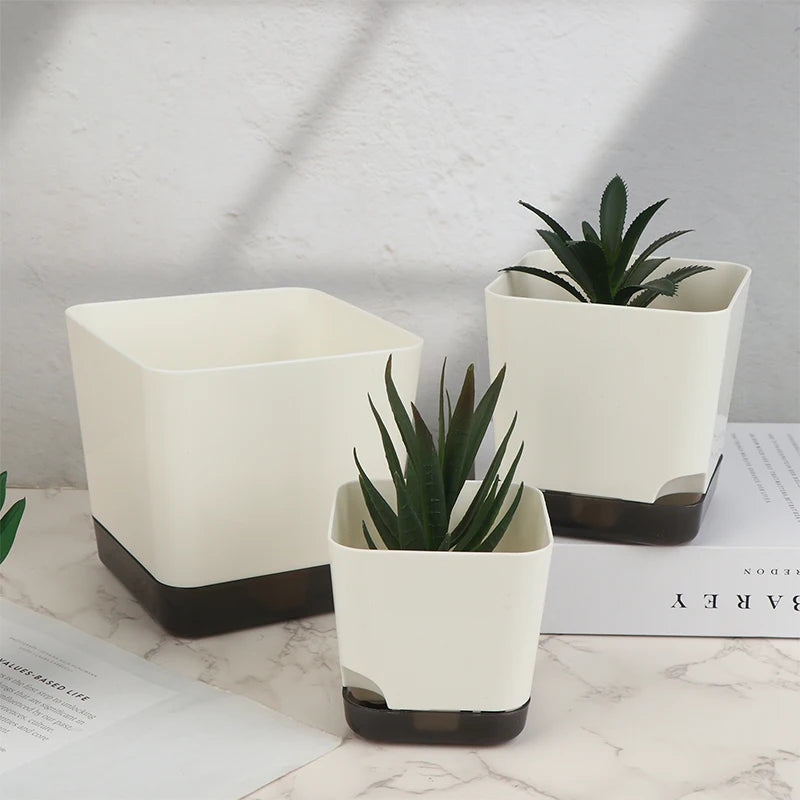 pots fleurs auto arrosants blanc noir minimaliste plusieurs tailles jardinière drainage soucoupe transparente plantes