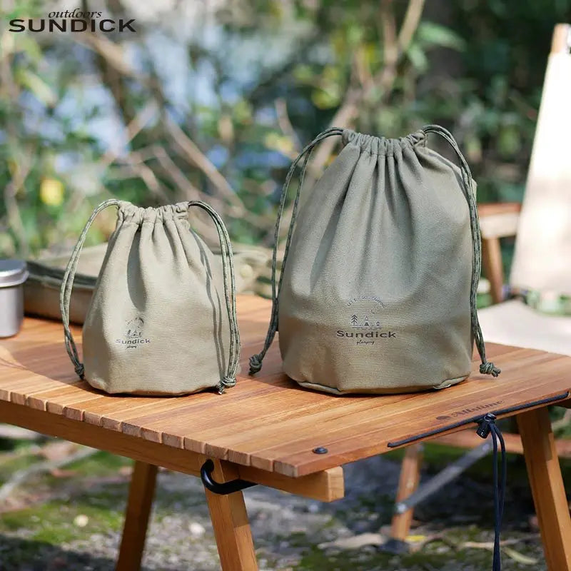 sac cordons vert olive toile épaisse texture naturelle pratique outdoor camping rangement serviettes ustensiles