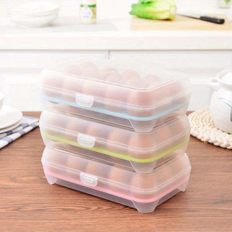 boîte œufs transparente pratique moderne 15 grilles clips poignées bleu clair rose clair plastique