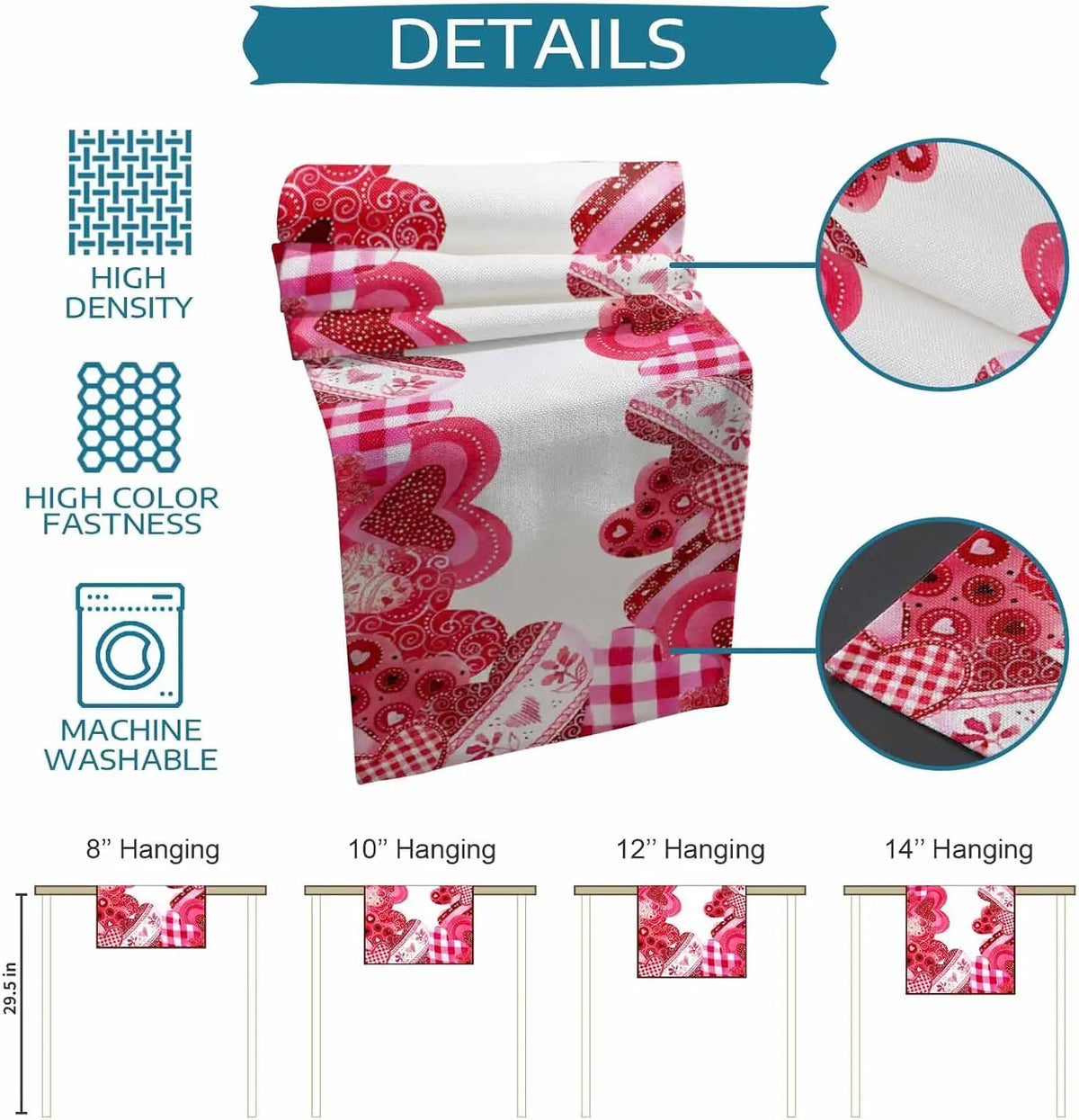 Un motif de coeur rouge et rose stylisé sur un fond blanc orné de détails variés, disponible en plusieurs tailles de panneaux muraux décoratifs pratiques et lavables en machine.