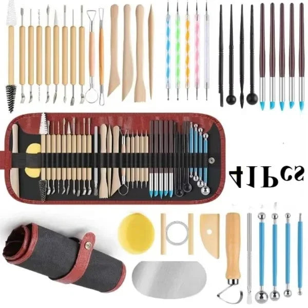 ensemble pinceaux outils céramique sculpture poignées bois métal pointes plastique transparent ergonomiques
