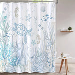 rideau douche moderne thème marin tortue hippocampes étoiles mer blanc bleu gris