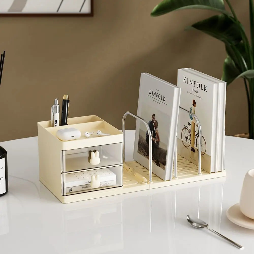 support livres transparent moderne tiroirs poignées lapin blanc grille métal chromé