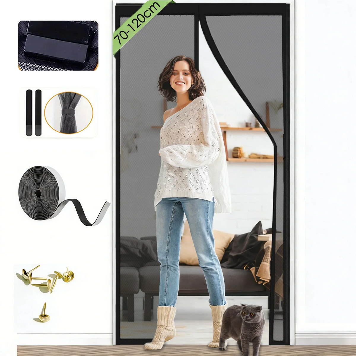 rideau moustiquaire magnétique porte fenêtre maille noire anti insectes fermeture automatique autocollant intérieur maison