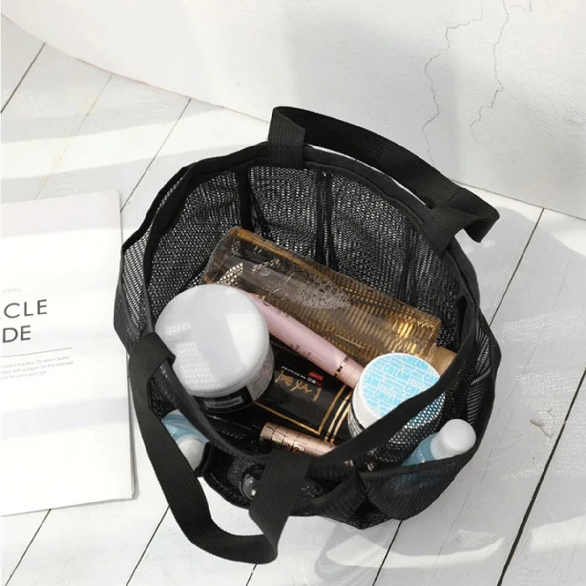sac toilettage polyestère filet transparent noir rose turquoise multifonction salle bain voyage camping