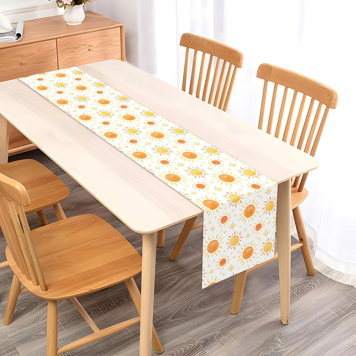 chinois moderne chemin table lin soleils colorés blanc orange jaune festive salle manger