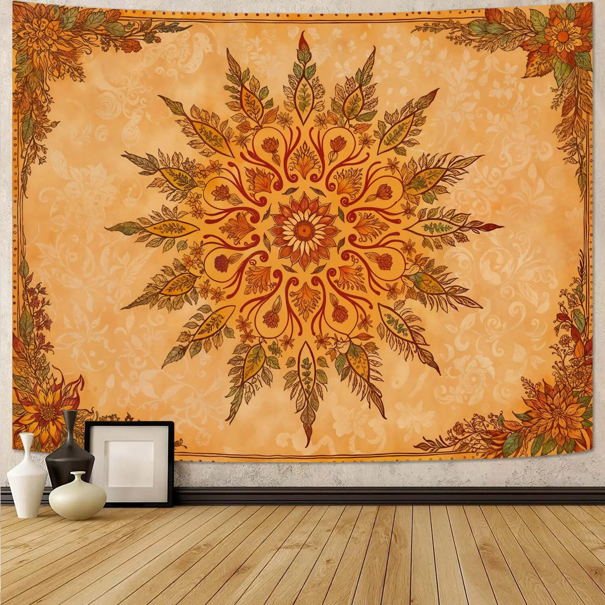 tapisserie boho mandala floral oranger feuilles stylisées chambre ethnique orange vert brun beige