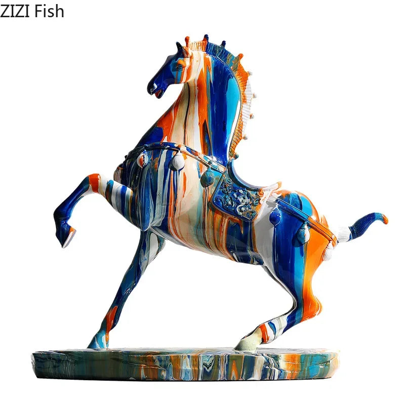 statue moderne cheval résine bleu orange marbrée opaque décoration intérieur salon bleu orange modernes
