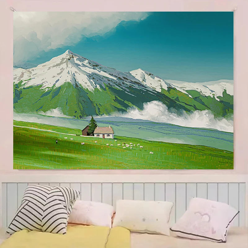 toile d'art paysages naturels illustration vert bleu blanc beige gris rouge jaune coucher soleil