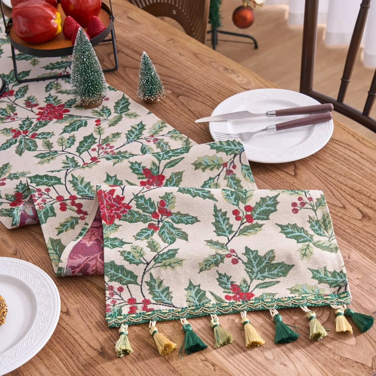 chinois table vintage feuilles houx baies rouges tasseaux classique festif polyester coton