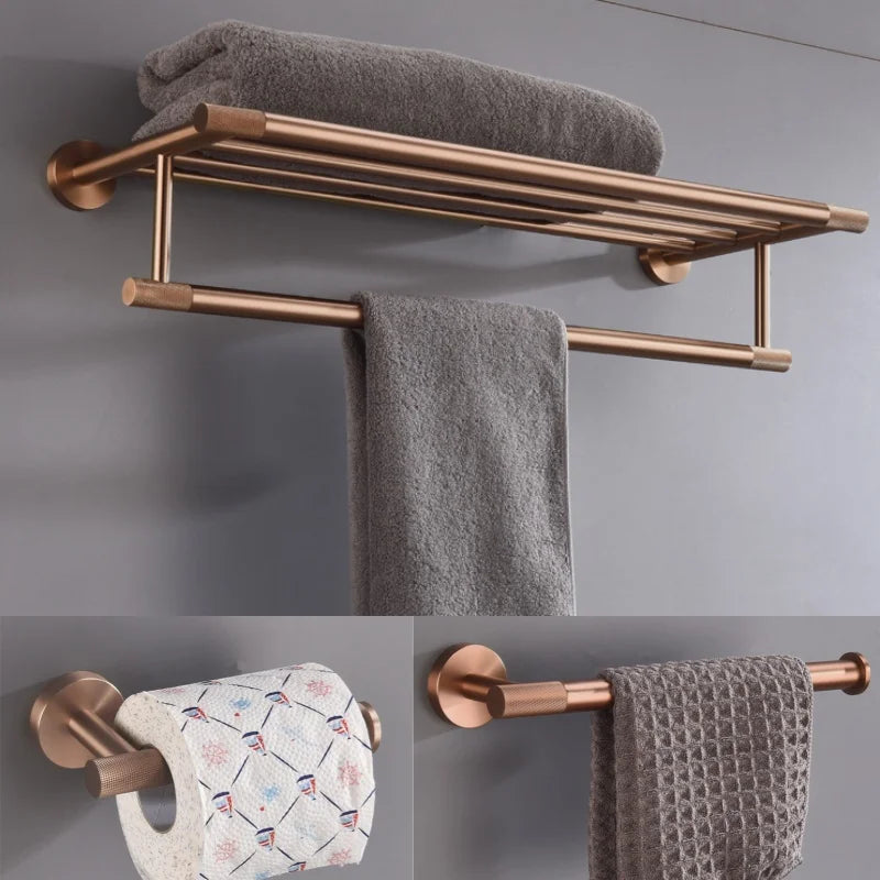 ensemble accessoires salle bain laiton brossé or rose porte serviettes mural moderne