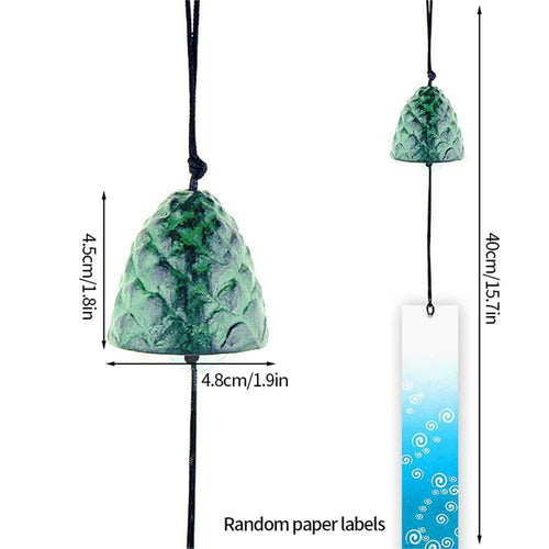 cloche décorative métal vert noir japonais rustique artisanale suspension extérieur balcon cour jardin