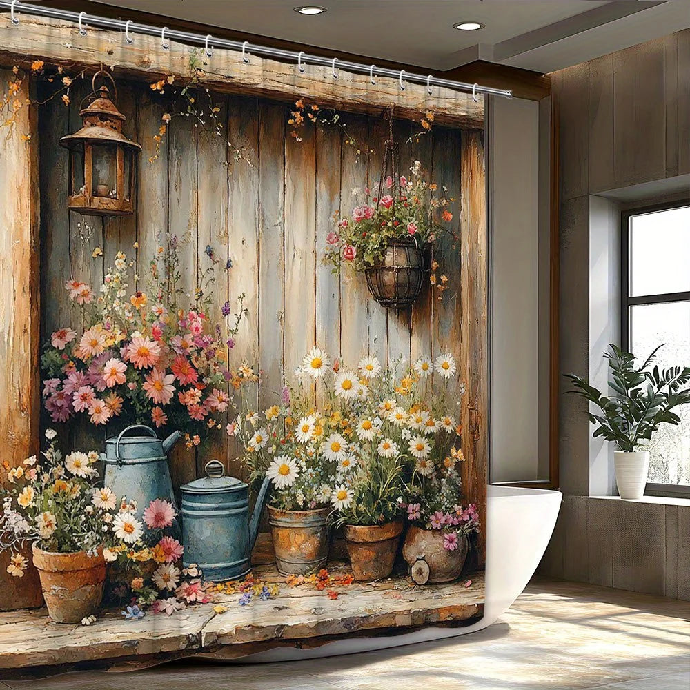 rideau douche rustique fleurs pots lanterne bois multicolore crochets moderne