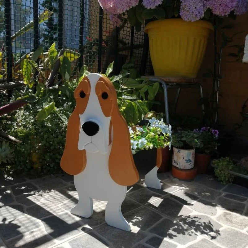 cache pot chien forme cartoon blanc beige marron noir rose vert détails visage plante