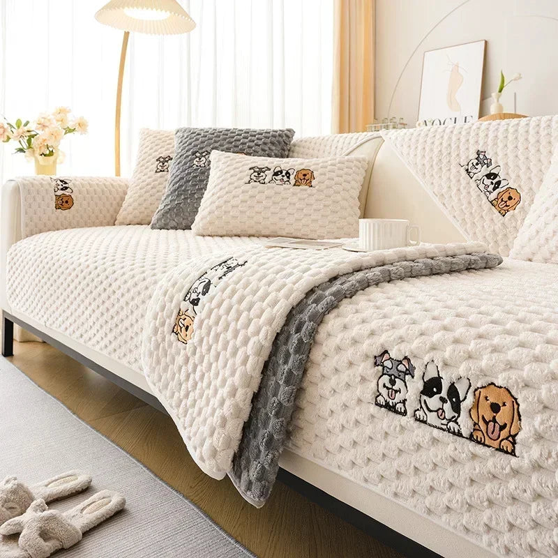 housse canapé coussins motif chien peluche douce salon gris beige clair