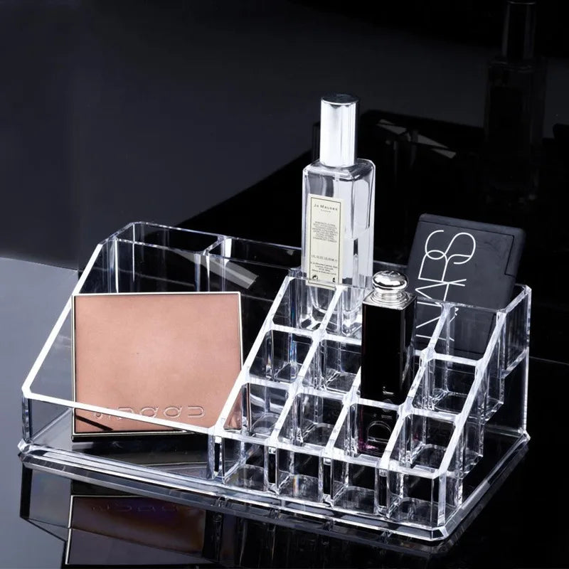 organisateur maquillage transparent moderne compartiments multiple pinceaux crèmes rouges lèvres palette parfum reutilisable acrylique