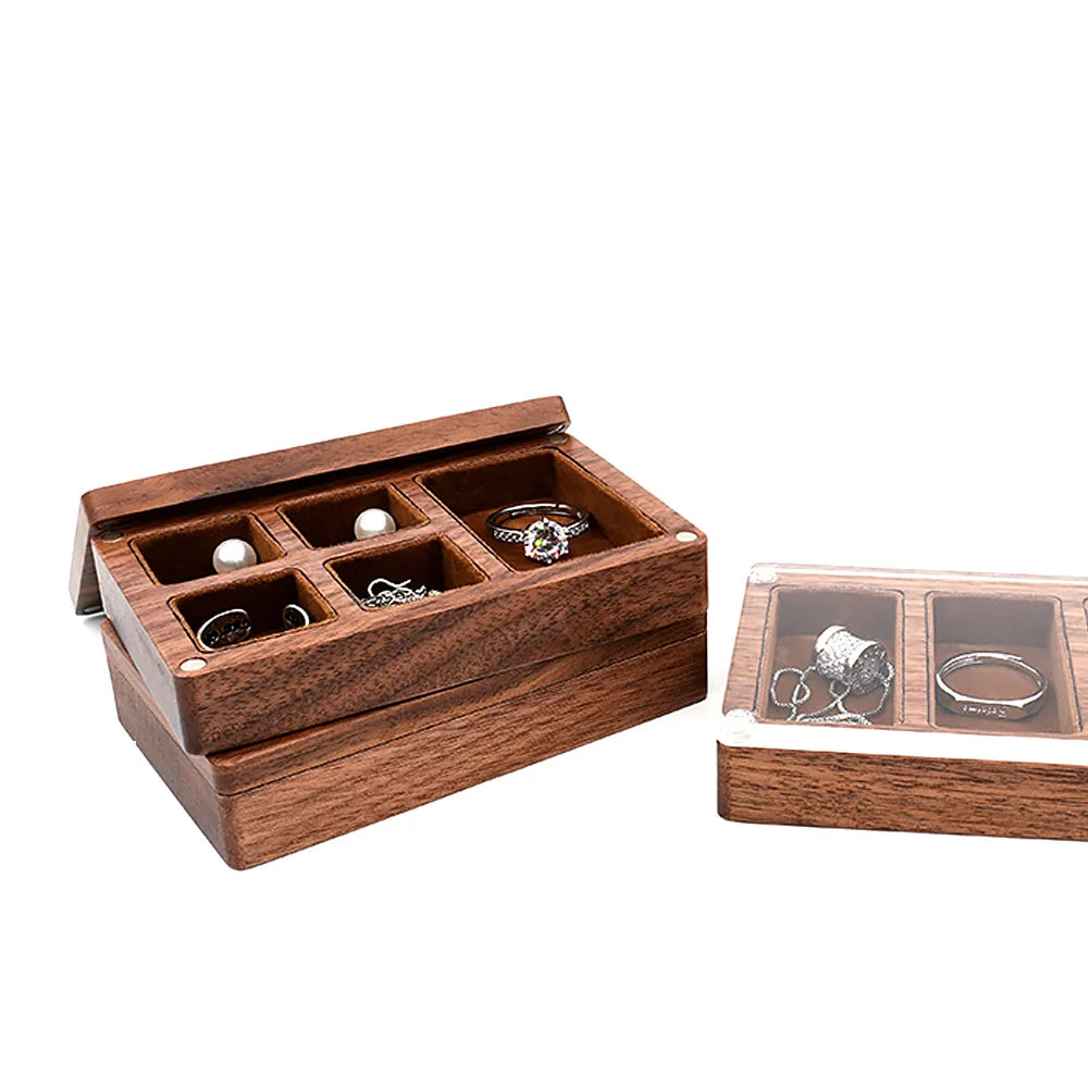 boîte bijoux bois foncé tissu intérieur moderne clips anneaux boucles d'oreilles colliers cadeau présentation