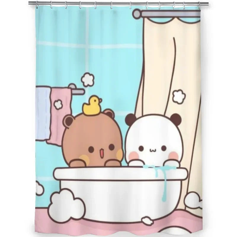rideau douche kawaii ours panda enfantin bleu clair motifs animaux tropical moderne polyester