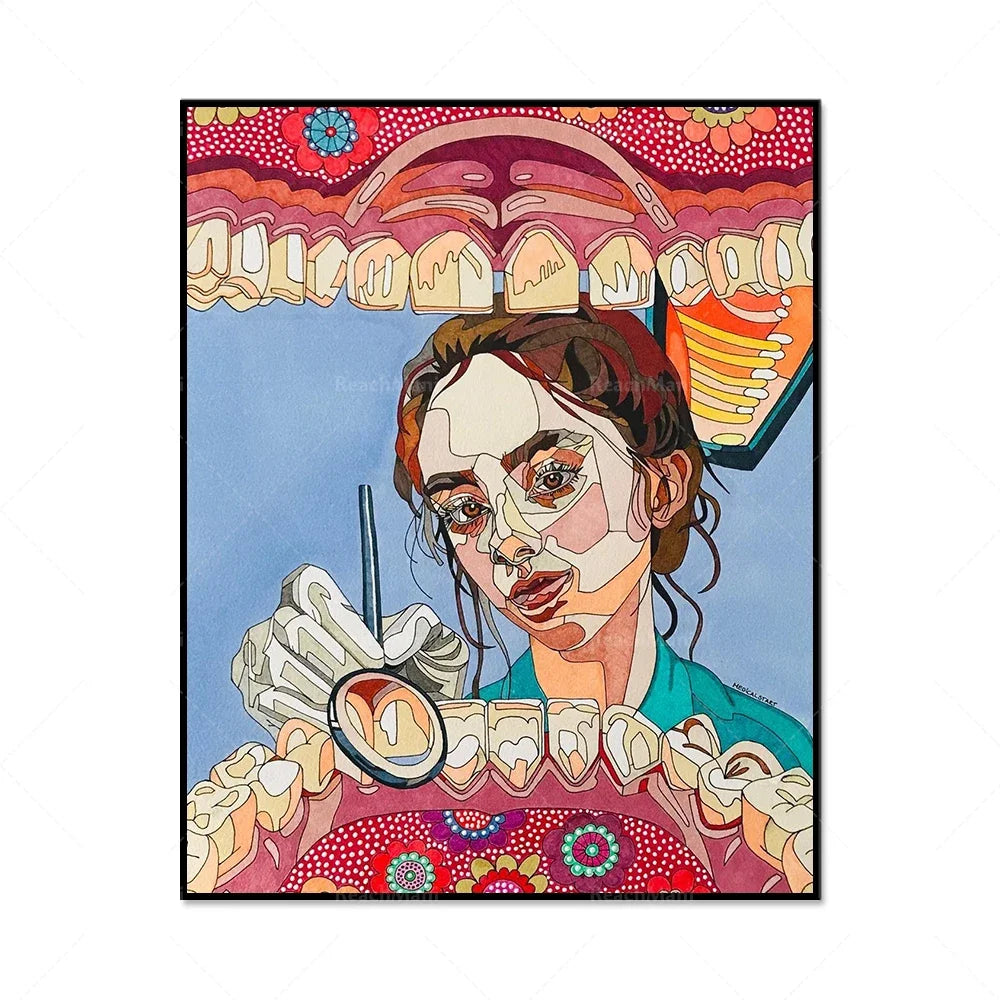 Représentation illustrée d'un visage féminin aux traits expressifs, entouré d'éléments colorés et de motifs floraux, suggérant une oeuvre d'art graphique aux couleurs vives et au style pop.