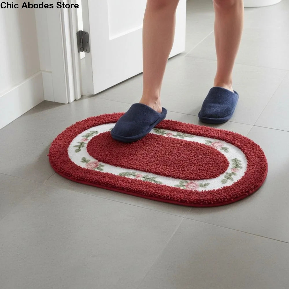 tapis ovale fleurs roses classique antidérapant rouge vert bleu clair