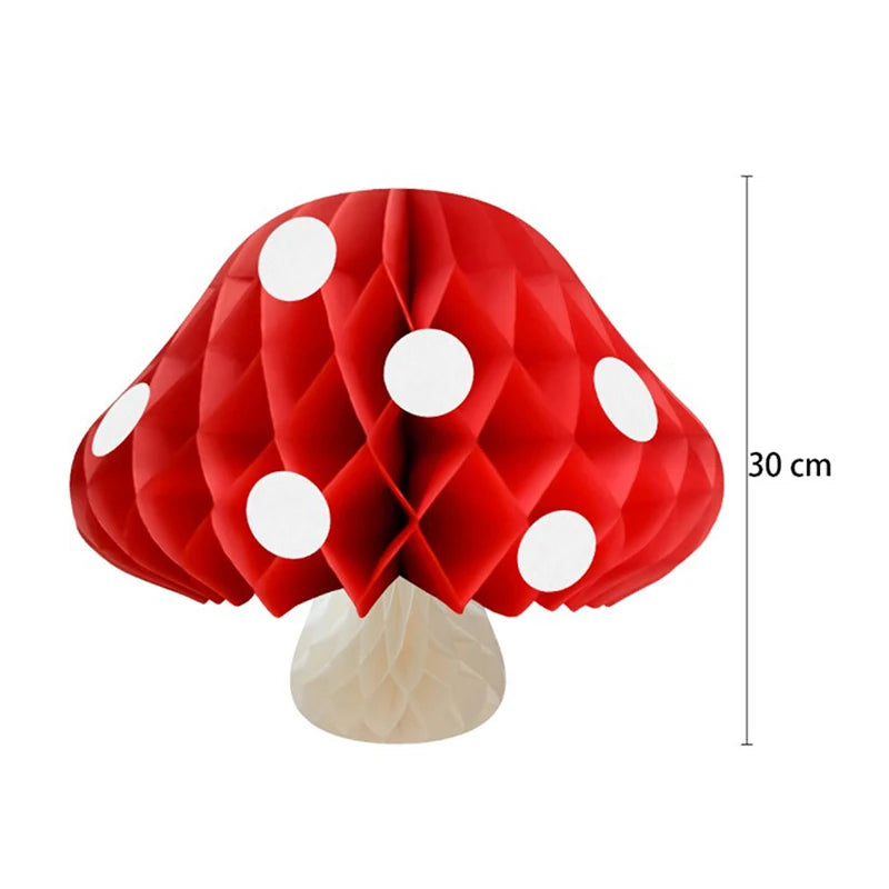 décoration fête anniversaire enfant adulte boule papier forme champignon rouge blanc texture alvéolée festive