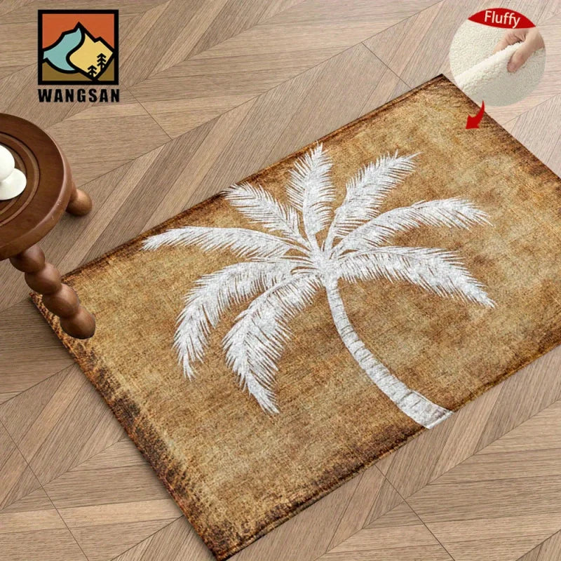 tapis moderne antidérapant palmier blanc marron clair doux 60x40cm chambre bain