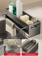 rangement évier multi usages argenté blanc vert serviette éponge savon moderne minimaliste comptoir accessoire
