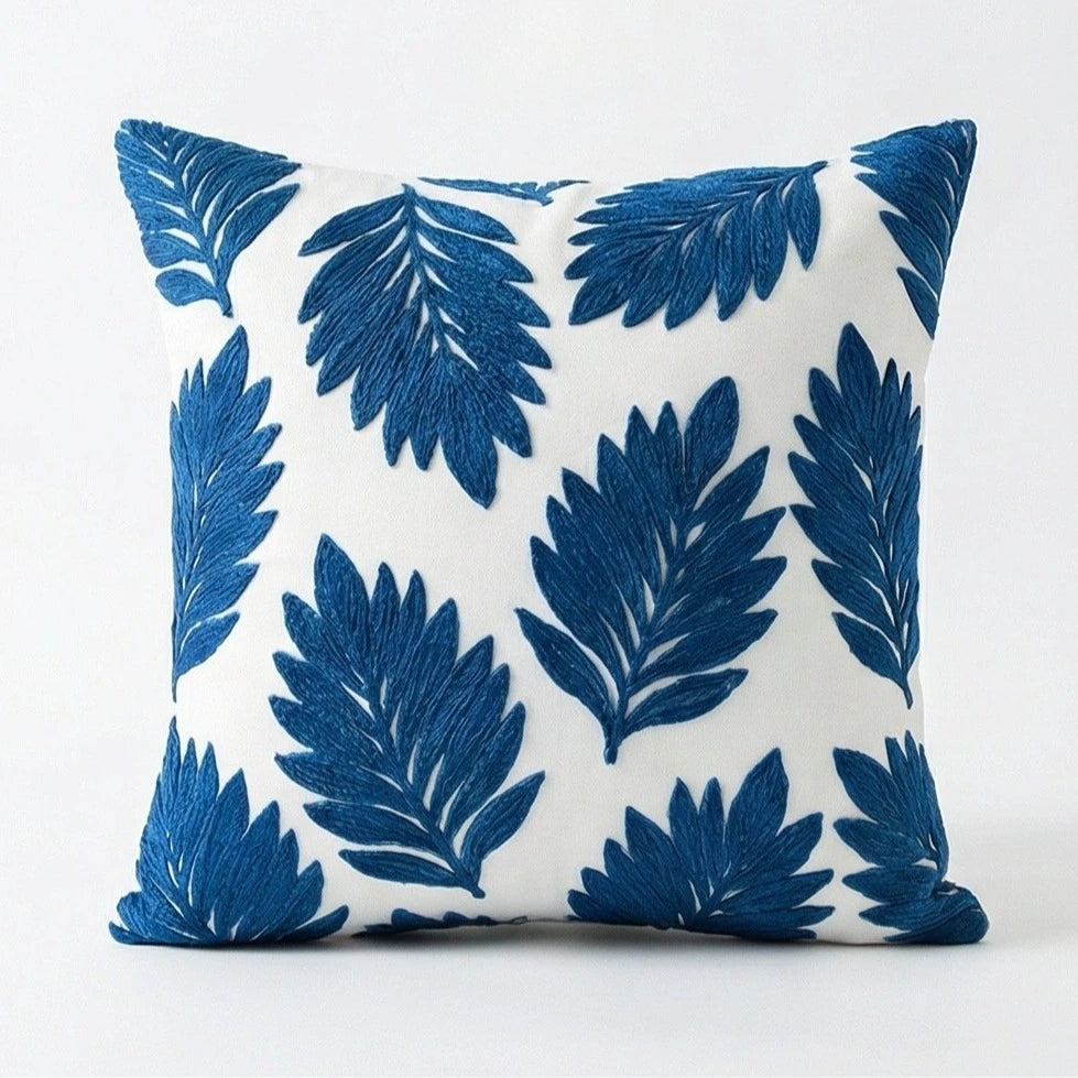 housse coussin brodée motif feuilles moderne coton polyester vert jaune bleu gris 45x45cm