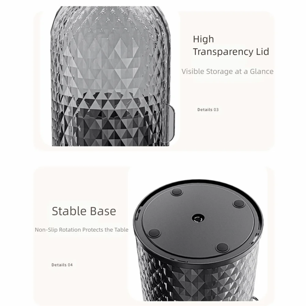 rangement rotatif transparent cosmétiques compartiments texturés surface losanges élégant décorationreuse compartments réutilisable doré poignée