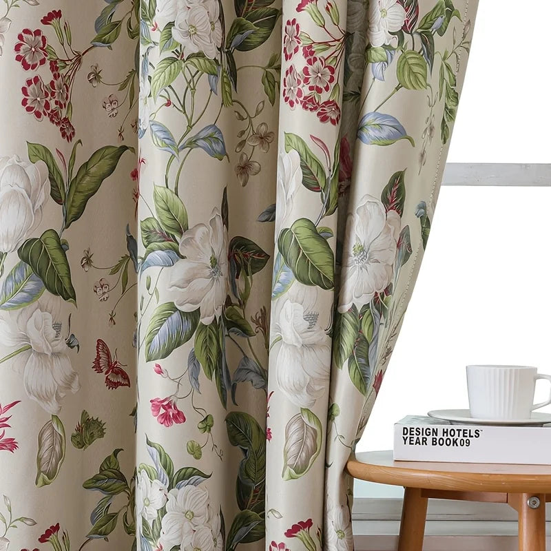 rideau pastoral fleurs papillons beige vert rouge opacité anti poussière réduction bruit fenêtre française