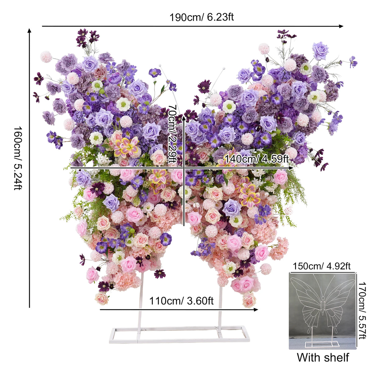 Décoration murale arche fleurs variées romantique violet rose blanc bleuclair vert extérieure