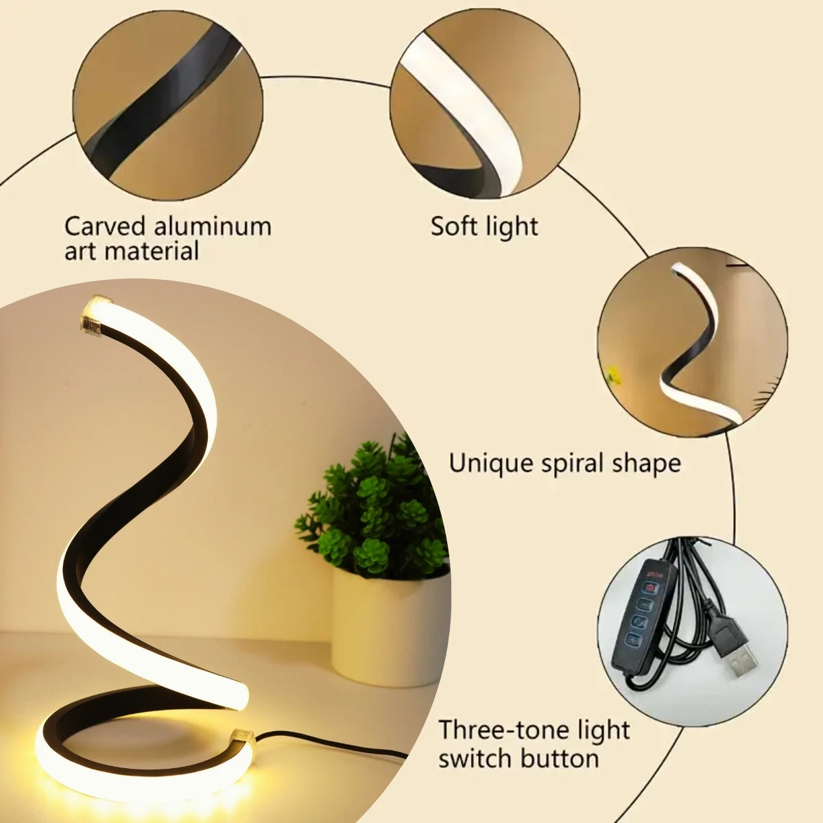 lampe spirale moderne blanc noir trois couleurs USB interrupteur flux lumineux décoration chambre étude