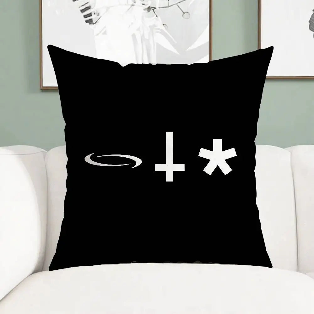 taie d'oreiller polyester motif géométrique moderne coussin carré noir symboles blancs étoile croix spirale