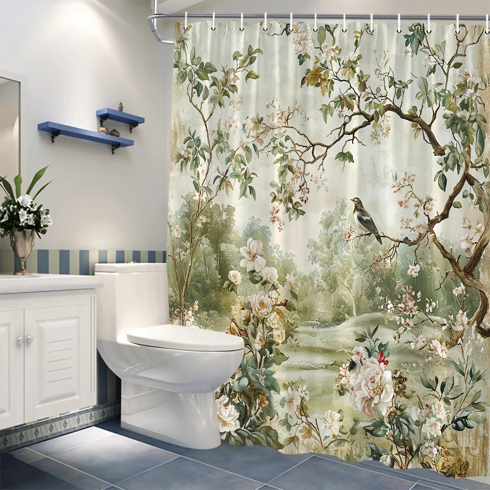 rideau douche floral vert beige blanc rose marron classique romantique résistant l'eau polyester hand