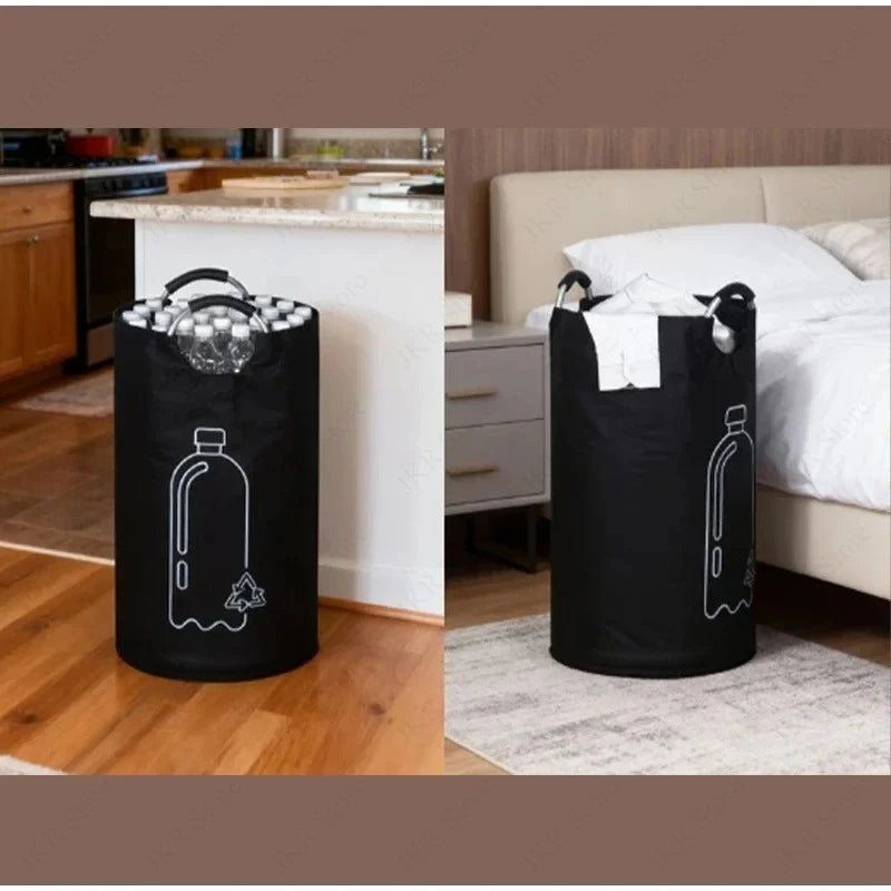 panier rangement bouteilles recyclage 82L tissu oxford poignées métal noir bouteilles plastique transparentes capacité