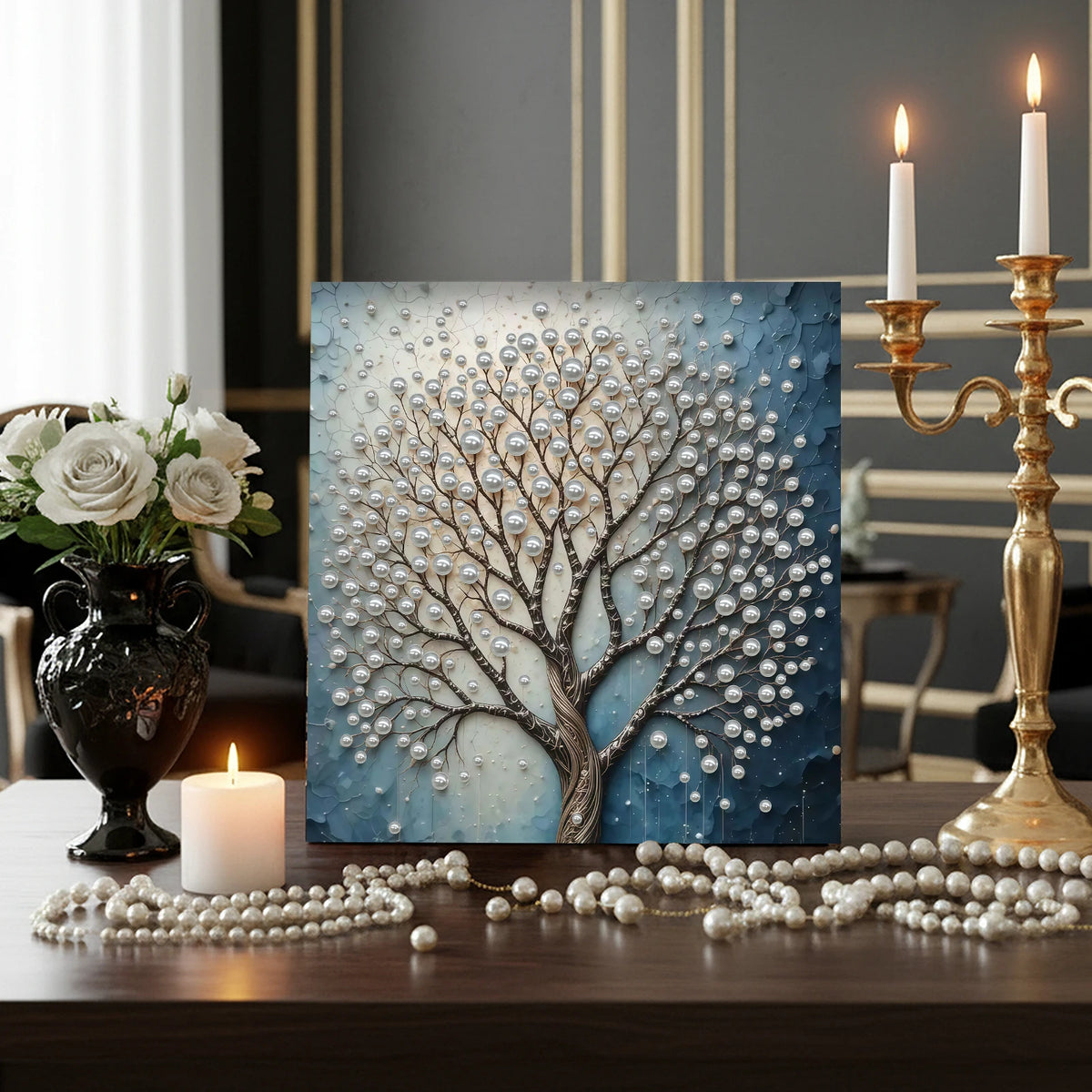 kit peinture points tableau décoratif baleine océan fleurs bleu blanc beige