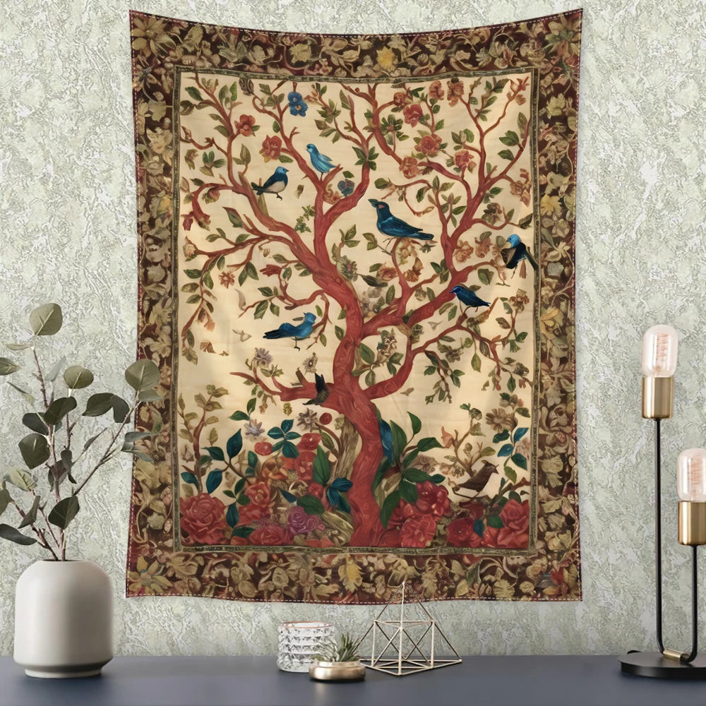 tapisserie murale rétro arbres oiseaux fleurs verte rouge bleue artisanale salon décoration maison