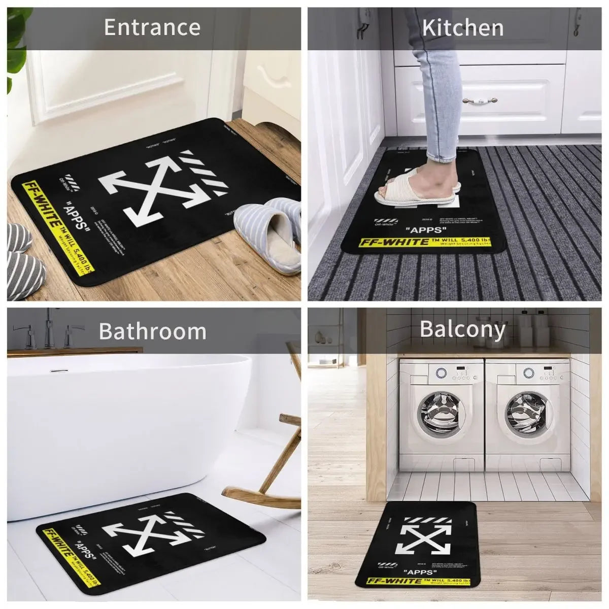 tapis bain noir blanc arrows imperméable antidérapant adhésif moderne minimaliste