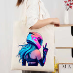 sac main toile beige imprimé femme casque moderne réutilisable respectueux environnement poignées tissu tridimensionnel