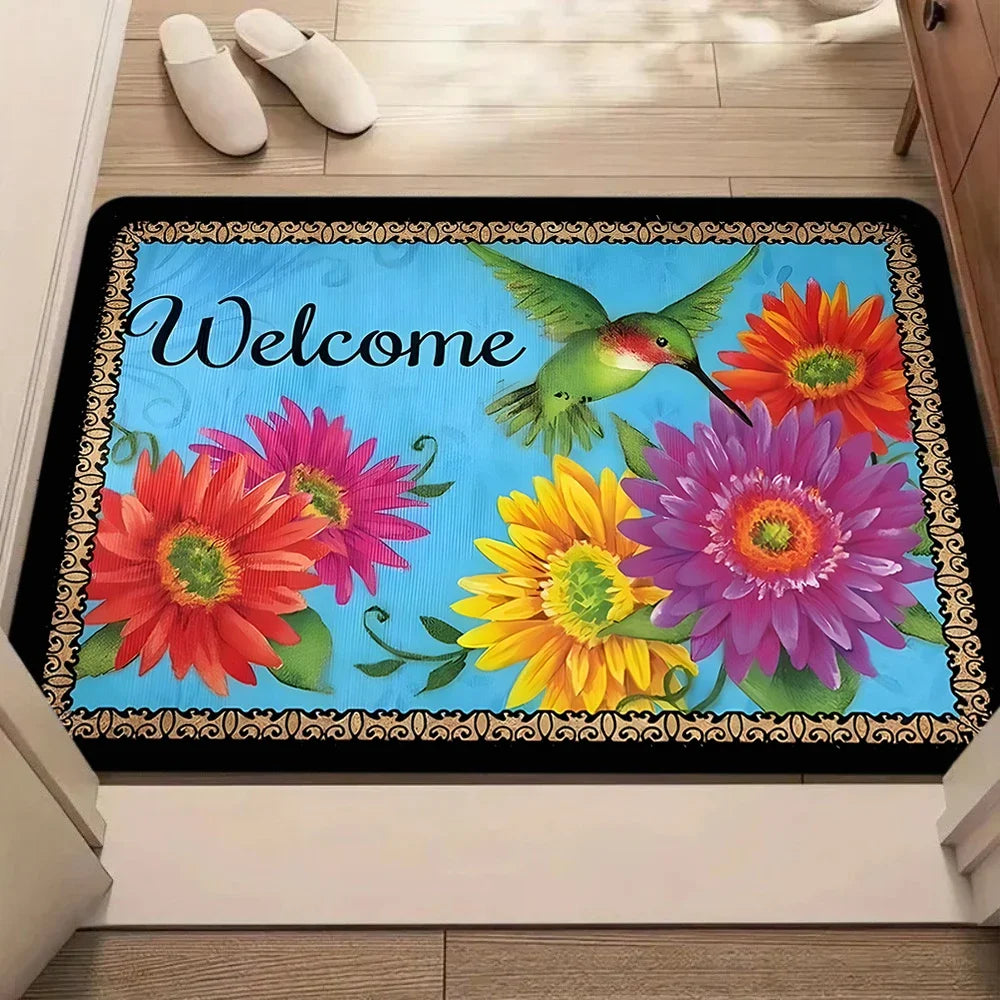 tapis d'entrée antidérapant oiseaux colorés moderne salon hall orange bleu violet vert blanc noir