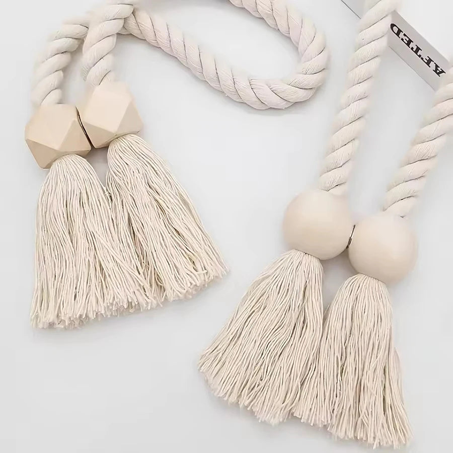 rideau boho chic ruban tissé chanvre beige clair pompon bois doux