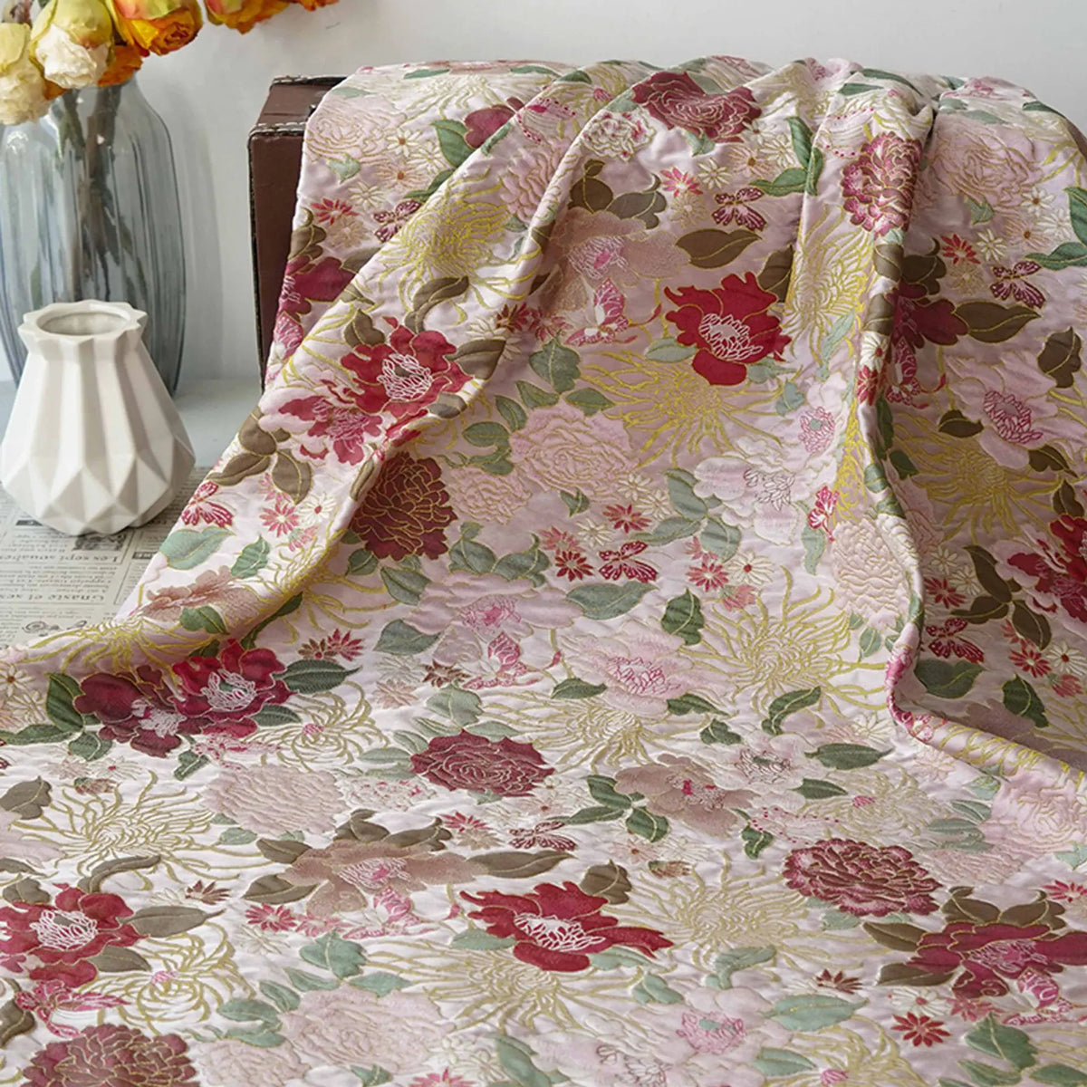 tissu imprimé rose fleurs complexes brodées tissu décoratif polyester large 150cm opacité élégant matériaux