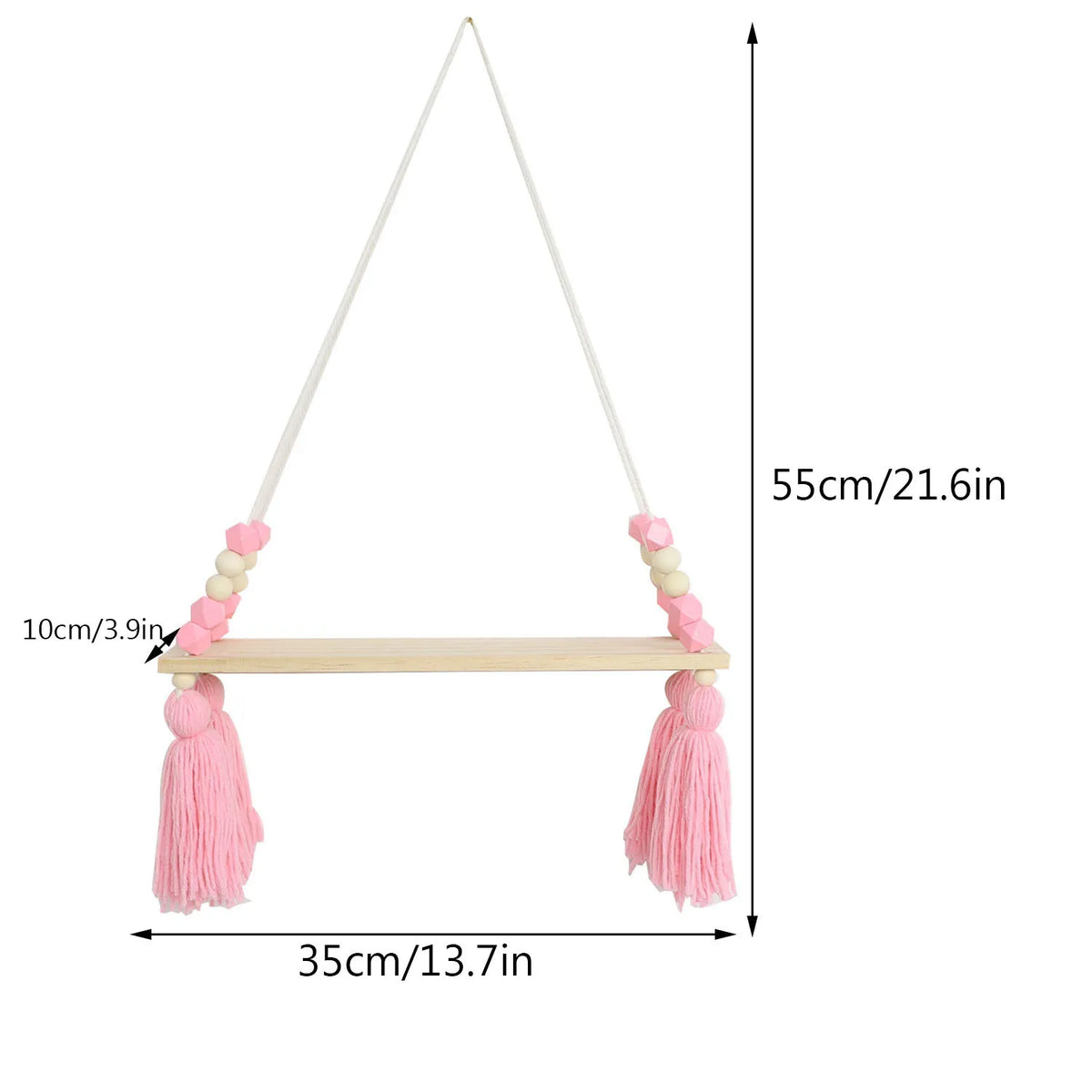 étagère suspendue bois rose boho chic pompons cordelette chambre coucher deco