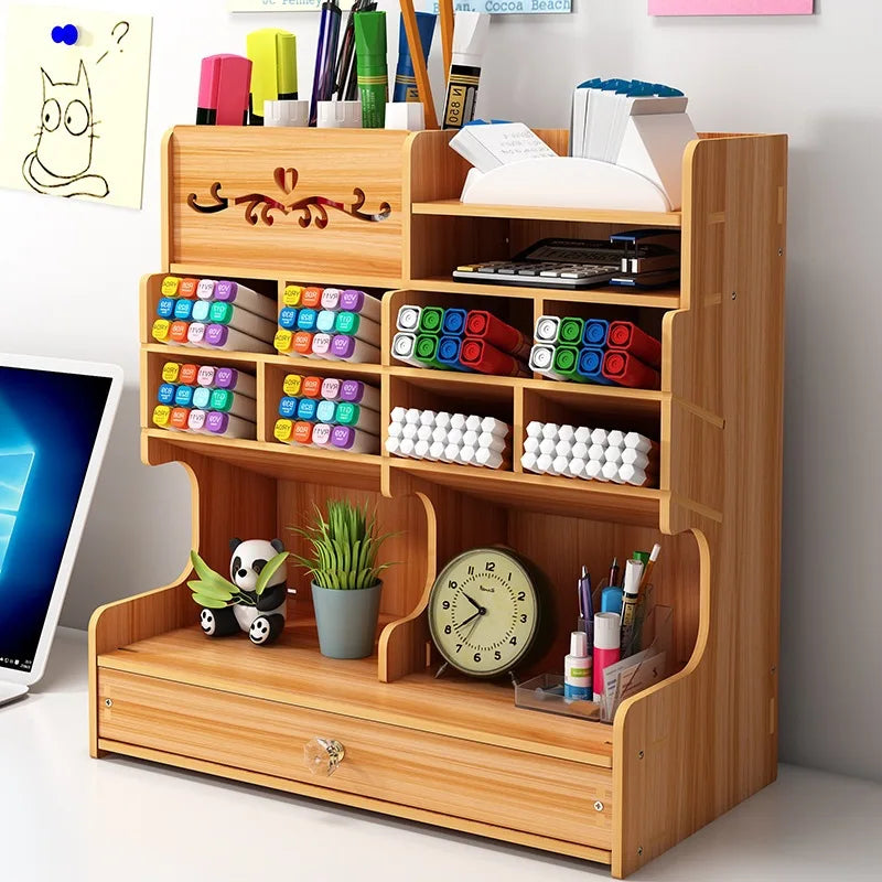 meuble rangement moderne bois naturel clair noir décoratif fonctionnel horloge étiquettes stylos crayons papier