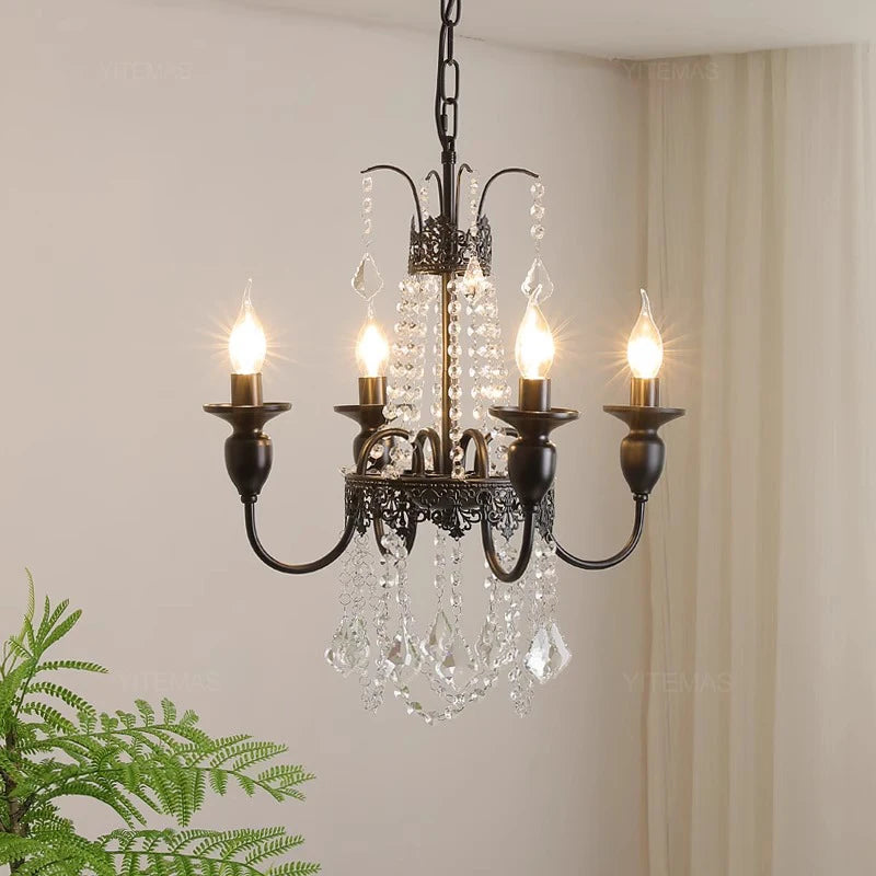 lustre classique noir blanc cristaux pendus vintage métal travaillé ampoules