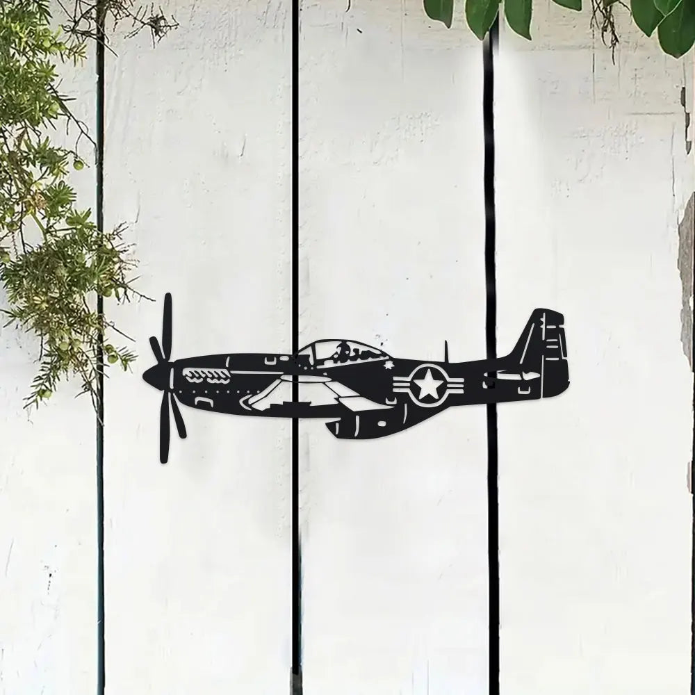 avion mural vintage noir détaillé militaire décoration intérieure métal étoile blanche bandes sans fixation